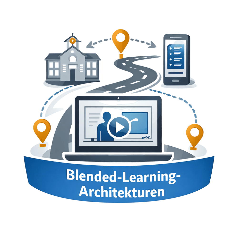 Grafik zu Blended-Learning-Architekturen: Vernetzung von Schulgebäude, Smartphone und Laptop über eine Straße mit Standort-Pins.