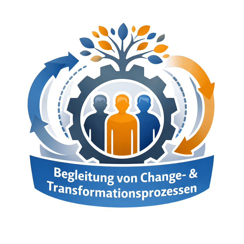Grafik zur Change-Begleitung: Drei Personen-Silhouetten in einem Zahnrad, umgeben von Prozesspfeilen und einem Baum-Symbol, über dem Banner „Begleitung von Change- & Transformationsprozessen“.