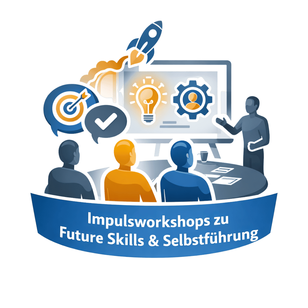 Illustration eines Workshops: Drei Personen sitzen vor einer Leinwand mit Glühbirnen- und Zahnradsymbolen, während eine Rakete startet. Bannertext: „Impulsworkshops zu Future Skills & Selbstführung“.