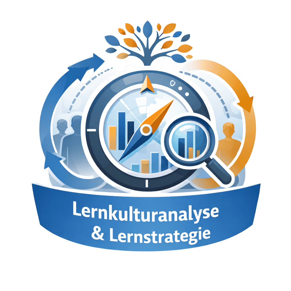 Illustration eines Navigations-Kompasses mit Lupe und Baum-Symbol über dem Schriftzug „Lernkulturanalyse & Lernstrategie“ auf blauem Banner vor schwarzem Hintergrund.