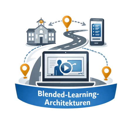 Grafik zu Blended-Learning-Architekturen: Vernetzung von Schulgebäude, Smartphone und Laptop über eine Straße mit Standort-Pins.
