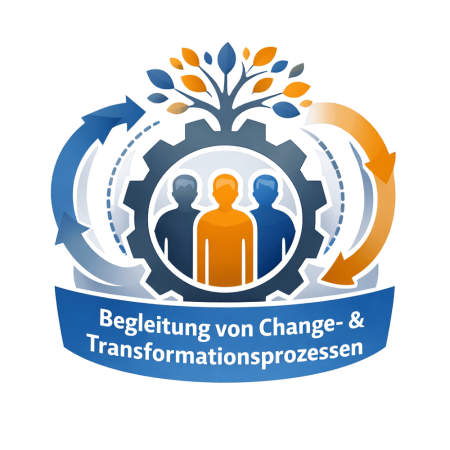 Grafik zur Change-Begleitung: Drei Personen-Silhouetten in einem Zahnrad, umgeben von Prozesspfeilen und einem Baum-Symbol, über dem Banner „Begleitung von Change- & Transformationsprozessen“.