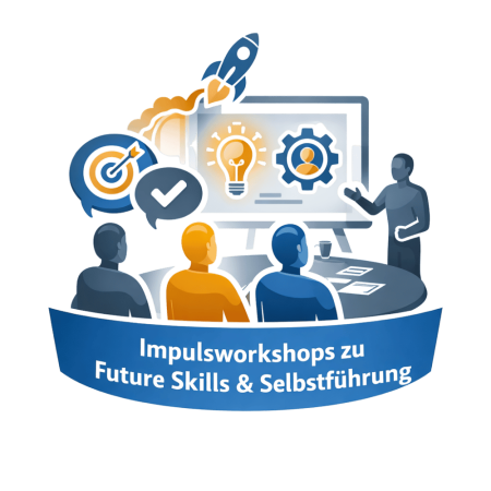 Illustration eines Workshops: Drei Personen sitzen vor einer Leinwand mit Glühbirnen- und Zahnradsymbolen, während eine Rakete startet. Bannertext: „Impulsworkshops zu Future Skills & Selbstführung“.
