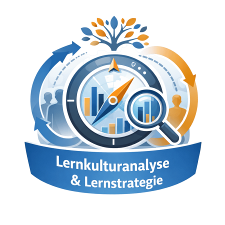 Illustration eines Navigations-Kompasses mit Lupe und Baum-Symbol über dem Schriftzug „Lernkulturanalyse & Lernstrategie“ auf blauem Banner vor schwarzem Hintergrund.